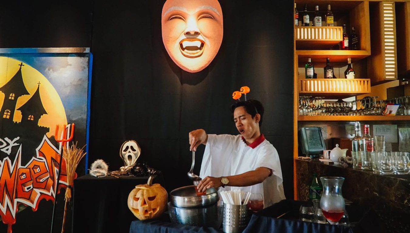 Barman with Halloween drinks at Prego restaurant