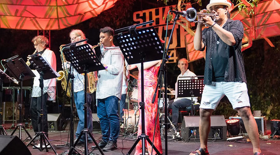 Brass band on the stage of Ubud Village Jazz Festival