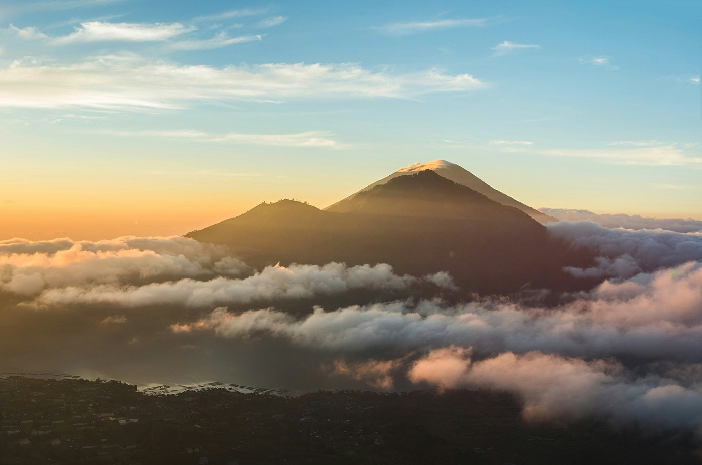 Mount Batur during sunrise and fog
