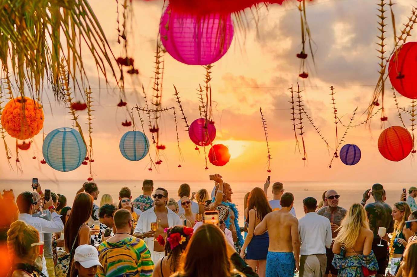 Bright summer party with flying lanterns in El Kabron