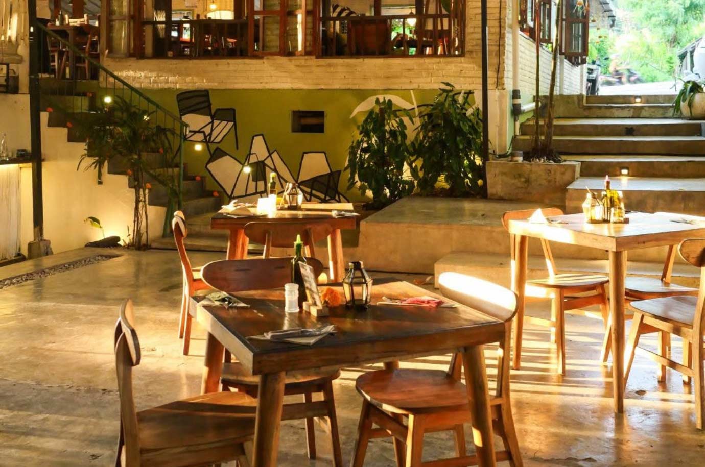 Wooden furniture and interior in the Rolling Fork restaurant