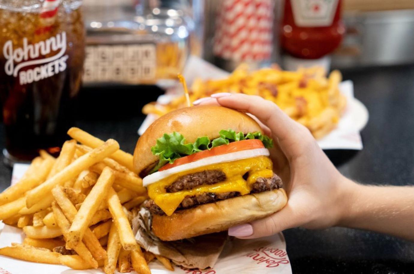 Burger and french fries from Johnny Rockets restaurant