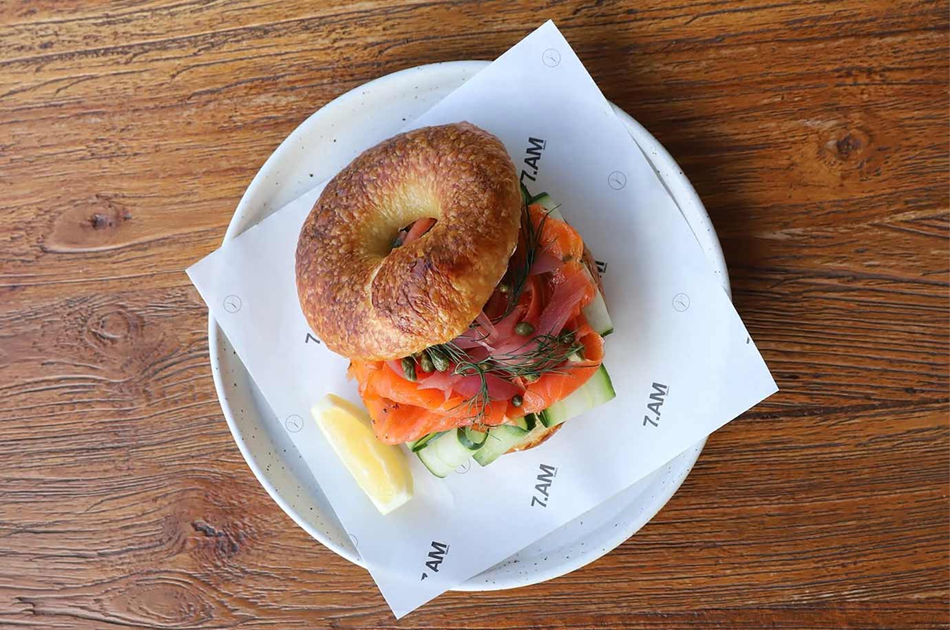 Bagel with red fish and cucumber from 7am cafe