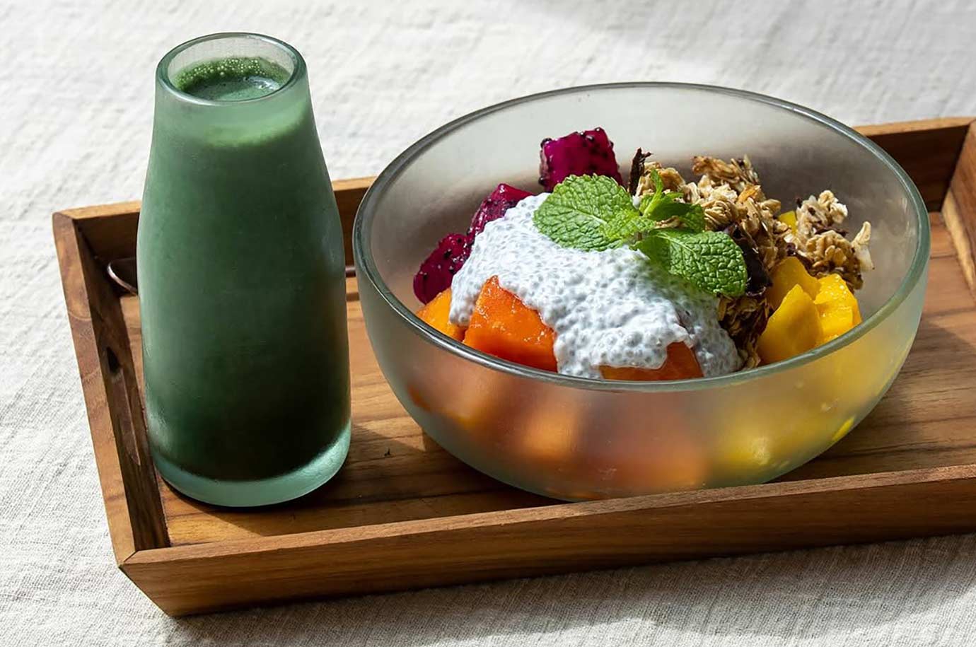 Vegan breakfast with green fresh juice in Alchemy cafe