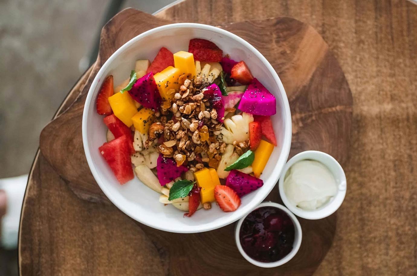 Fruits and nuts with the suace at Suka Espresso cafe