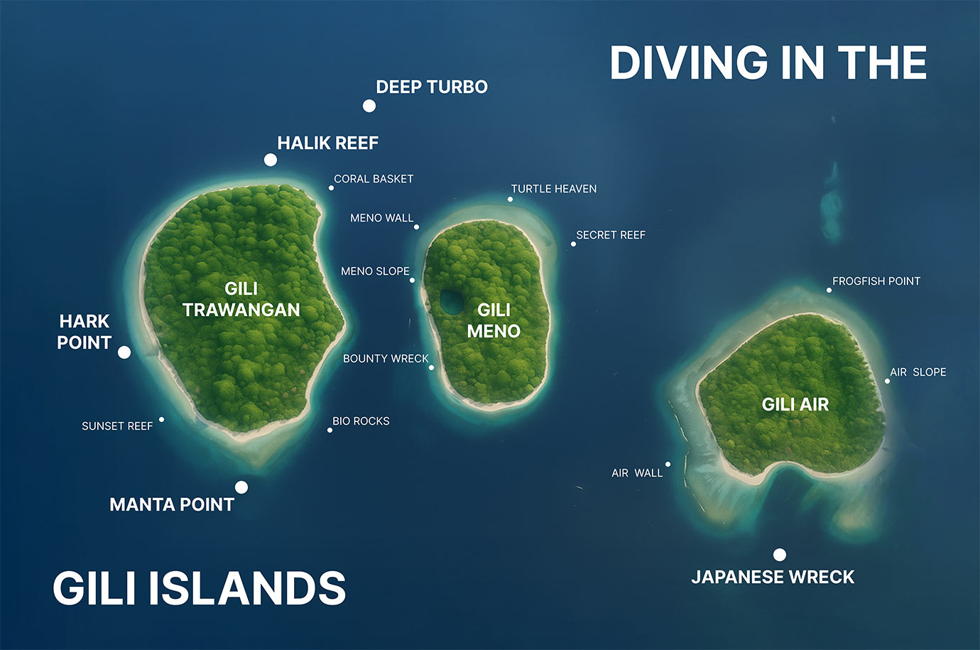 The map of spots for Scuba Diving on Gili Islands
