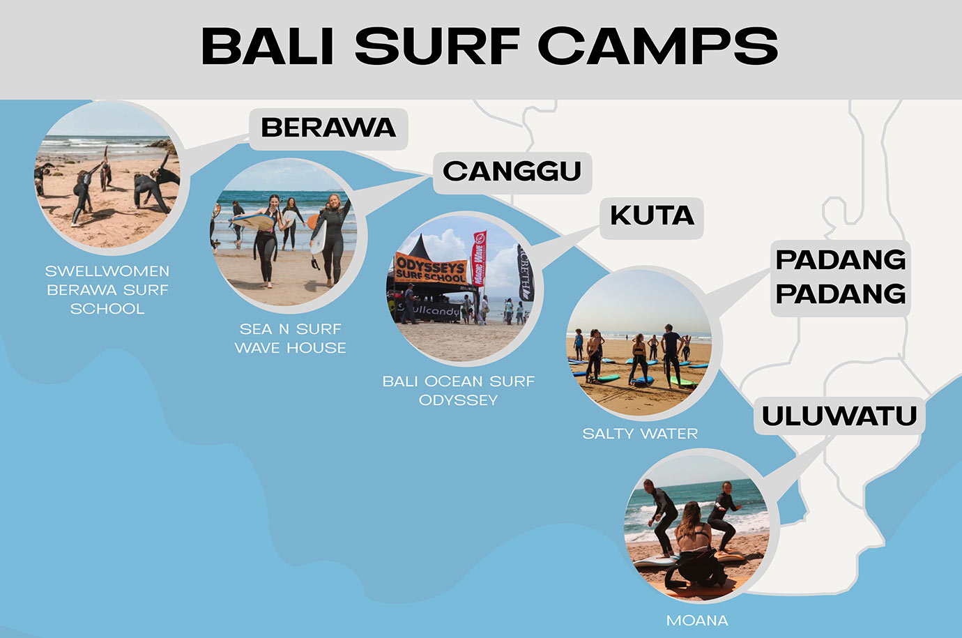 Map of the Bali Surf Camps