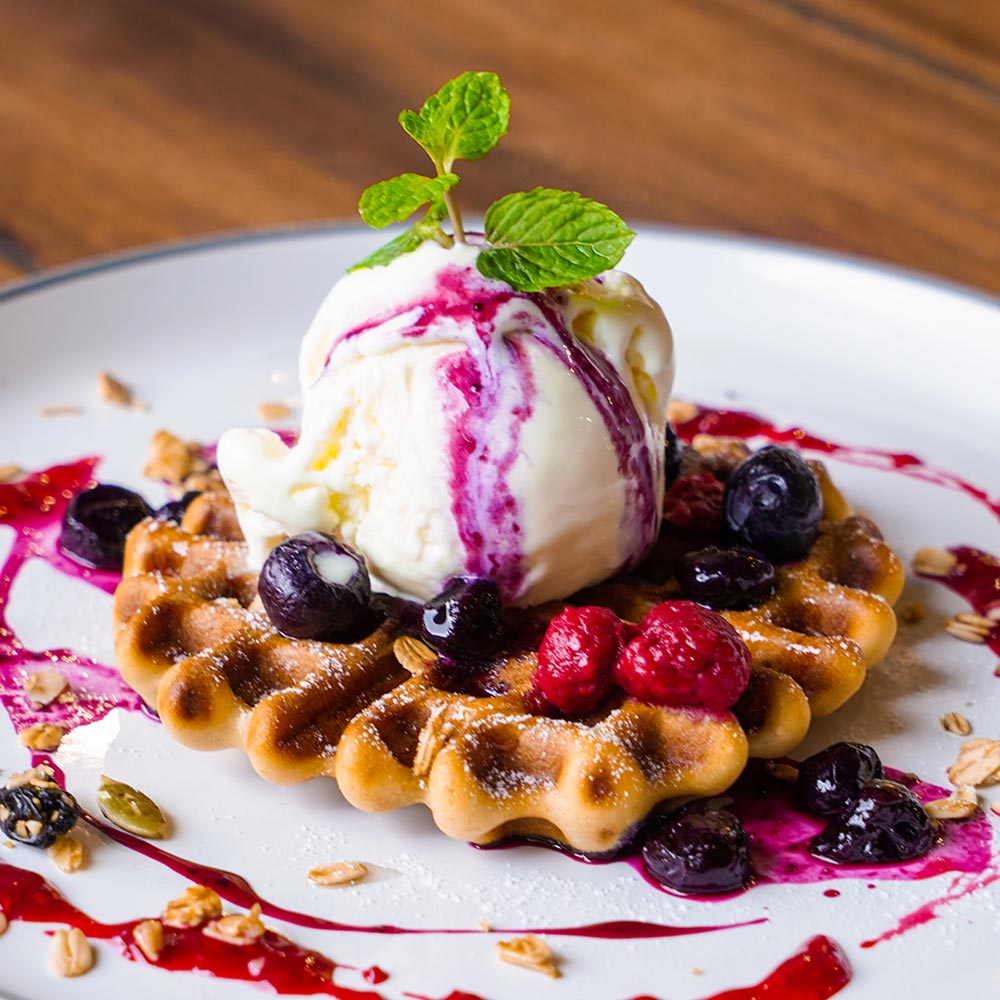 Waffles with protein gelato in Terra restaurant