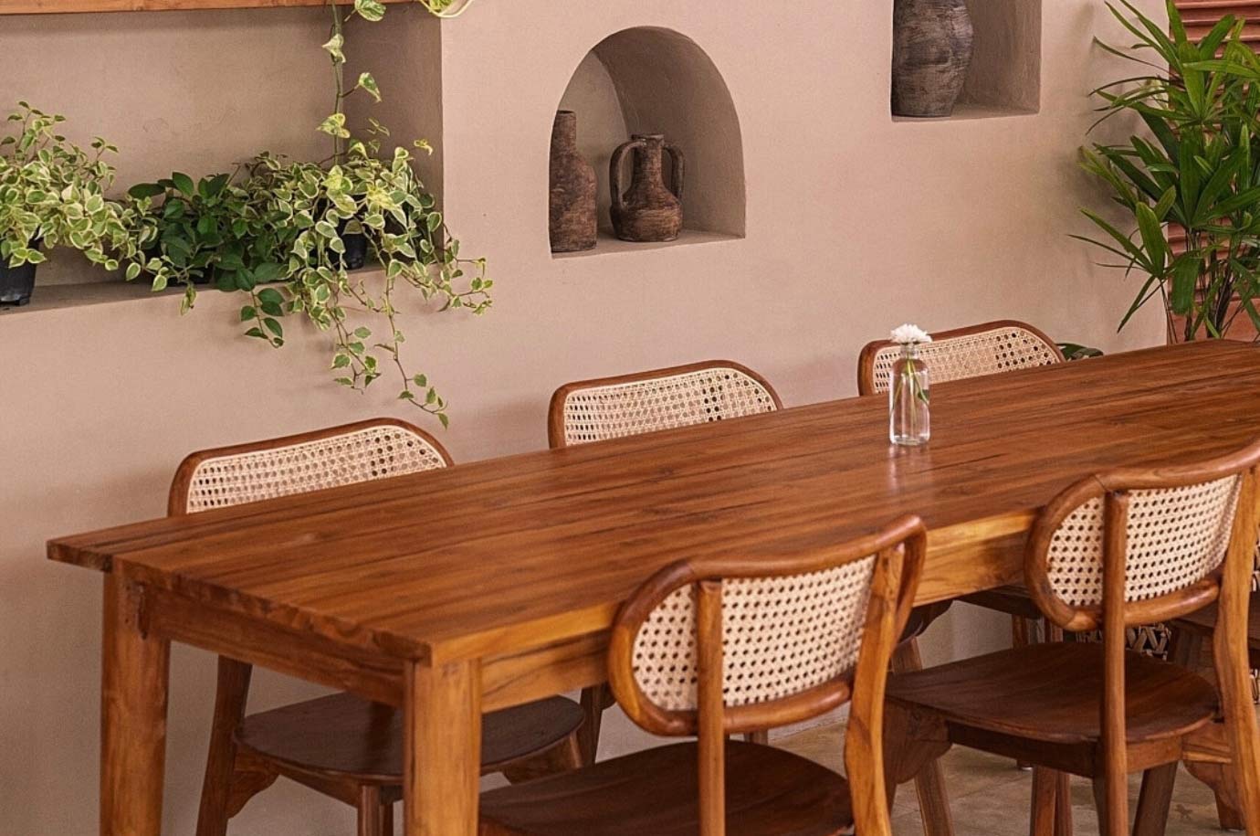 Wooden tables and decor in the Ivy Cafe