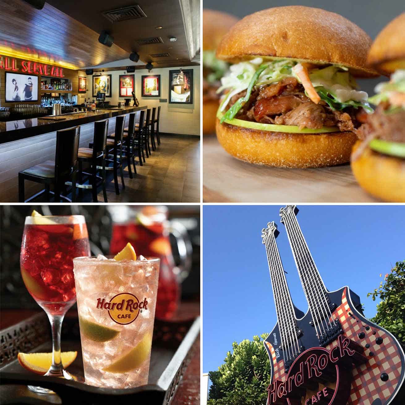 Burgers, drinks and interior of Hard Rock Cafe in Bali