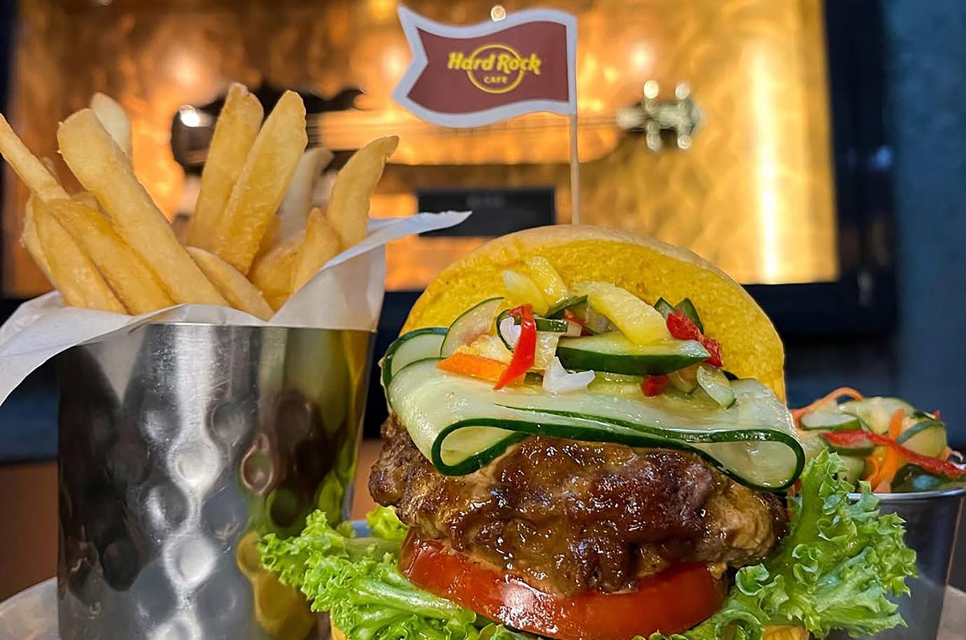 Burger and french fries from Hard Rock Cafe