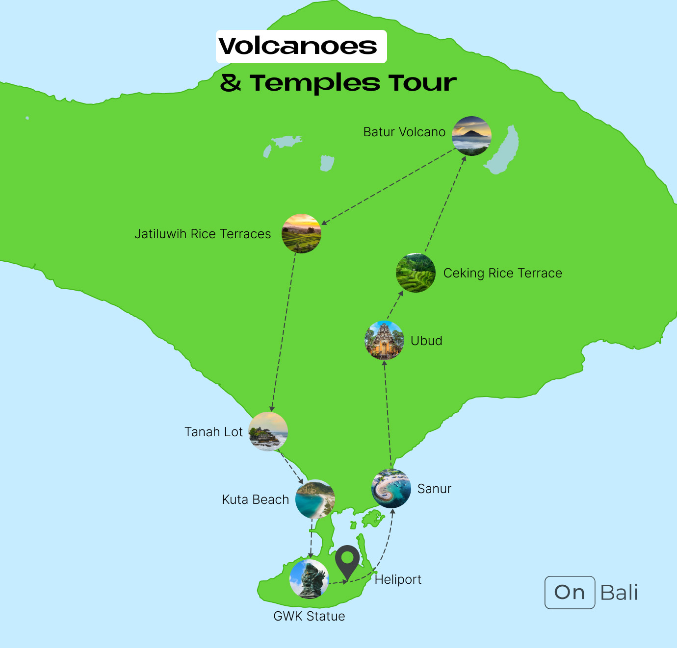 Volcanoes and Temples Tour route map