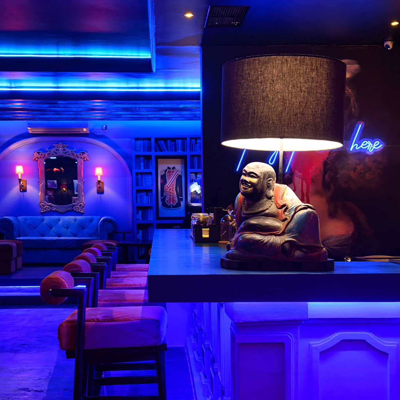 Night atmosphere and bar in The Blue Door club