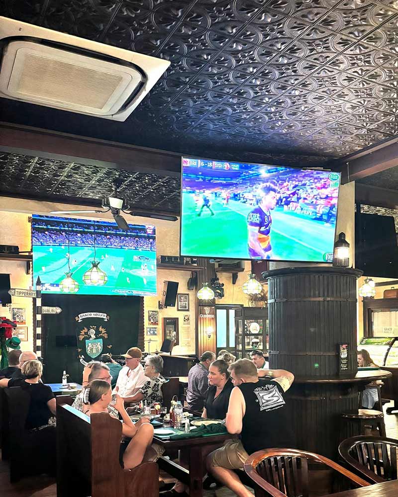 Big screens with the games in Gracie Kelly’s Irish Pub
