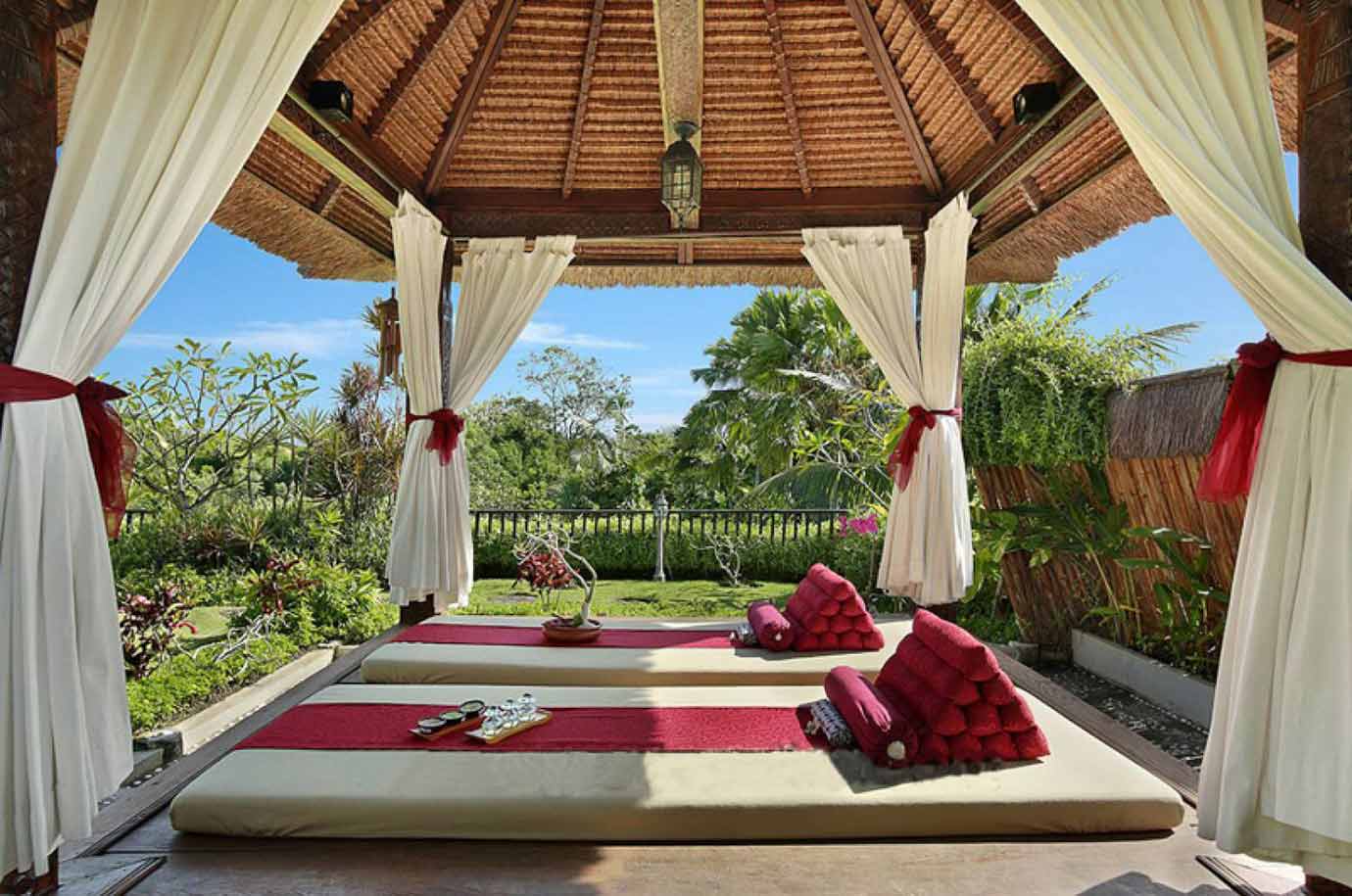 Outdoor beds for massage in Serene Spa
