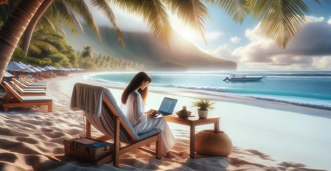 Indonesian woman is sitting on the beach in laptop