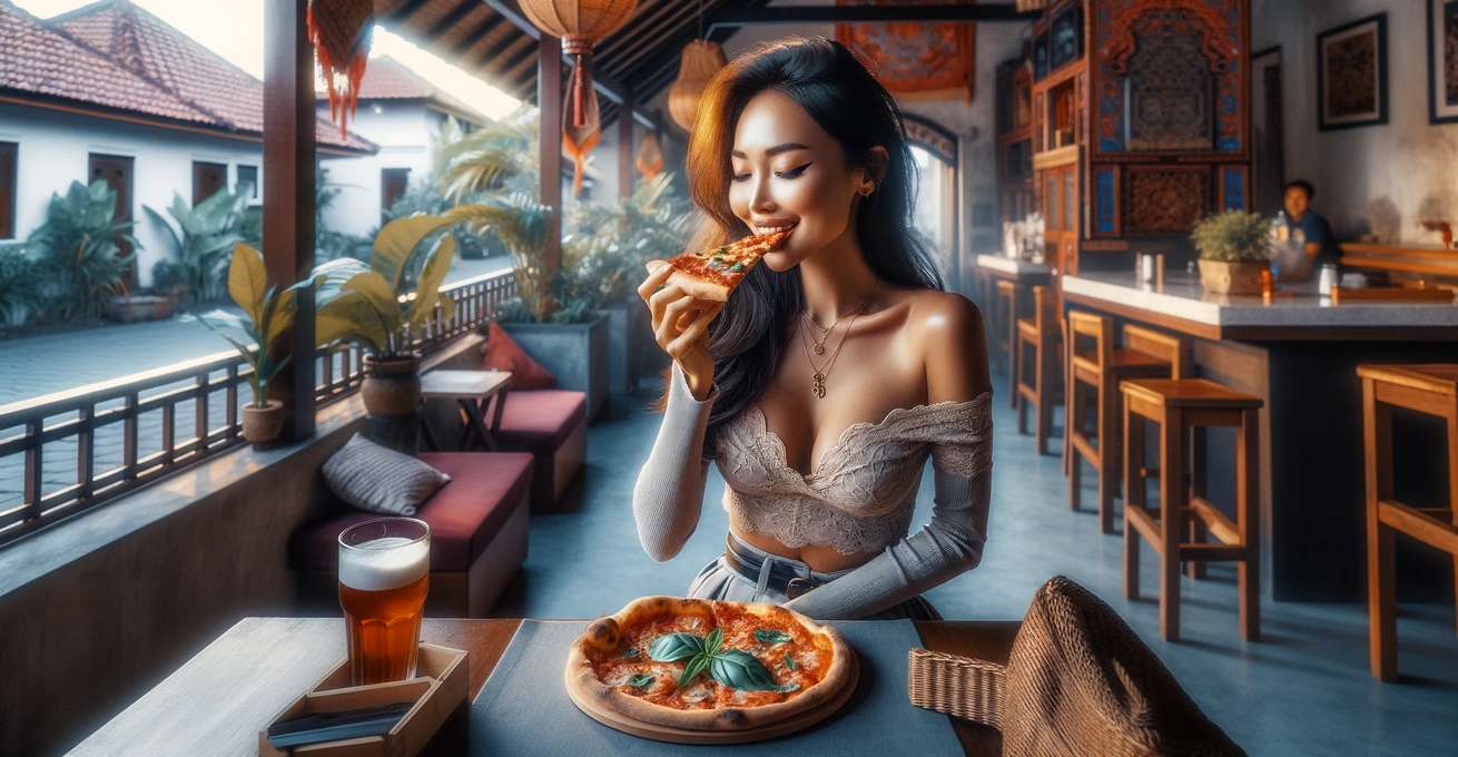 Indonesian woman is eating pizza