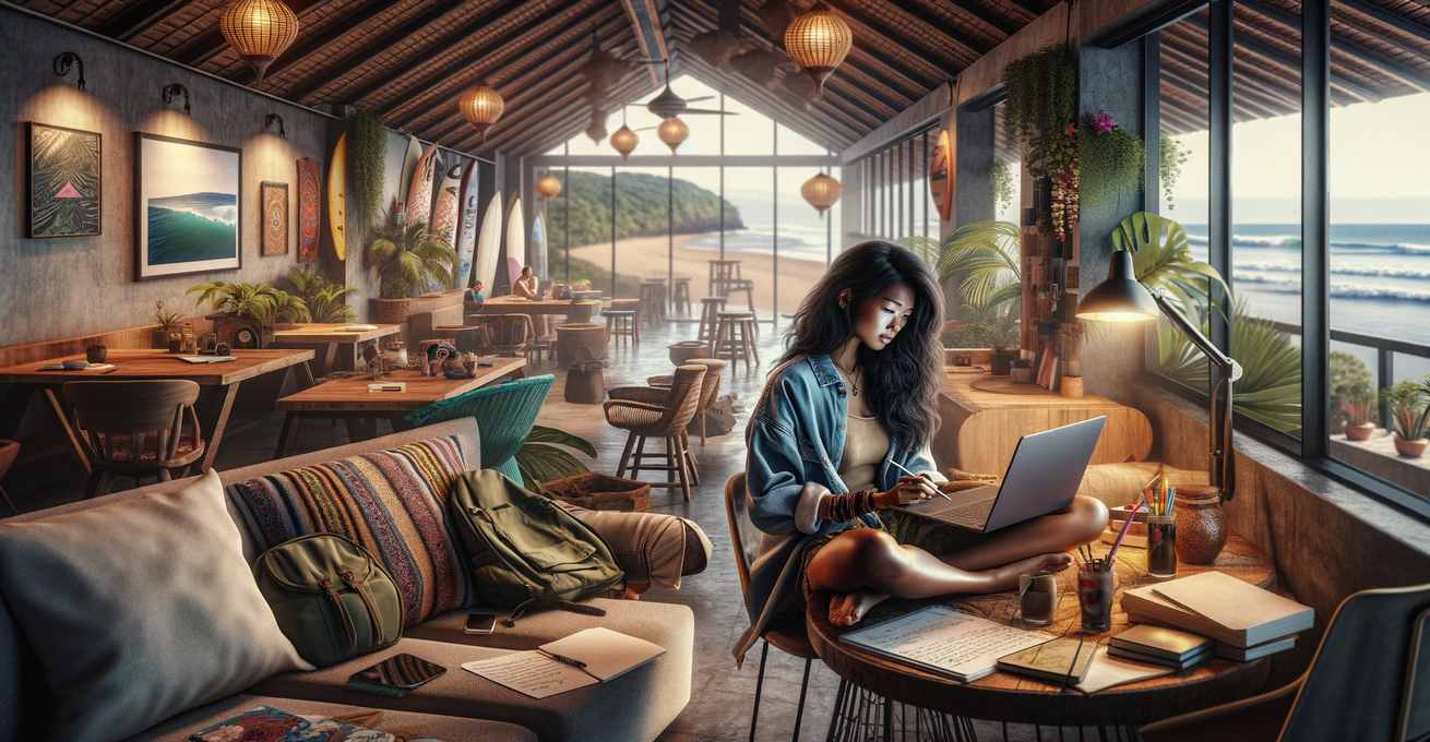 Indonesian woman is sitting and writing on laptop