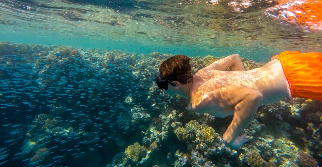 The Man is snorkeling in Jemeluk Bayw waters