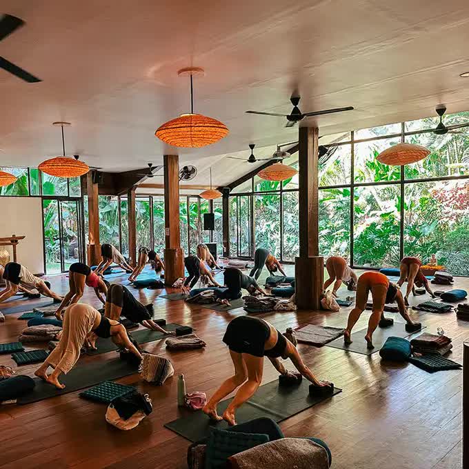 Yoga space with bright decor where people training
