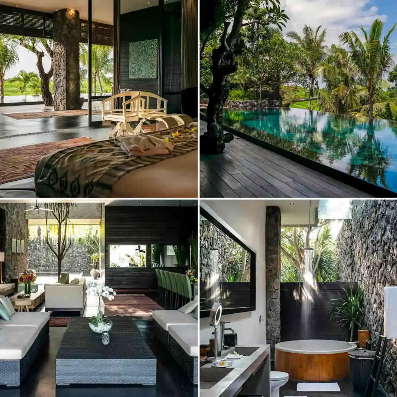 Bedroom, bathroom, living room and pool in one of the Elite Havens villas
