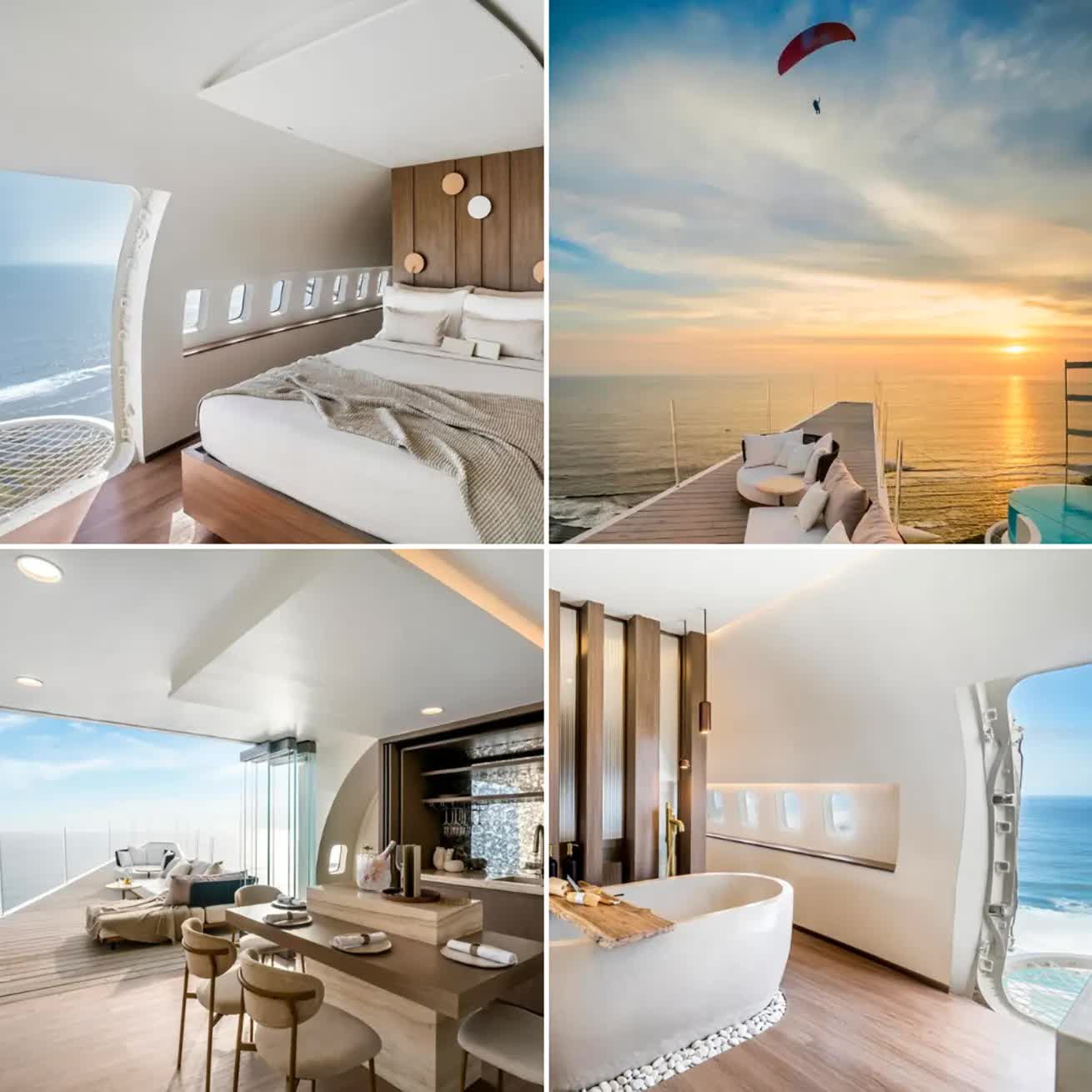 The interior of the Private Jet Villa hotel and its view of the ocean and a flying paraglider