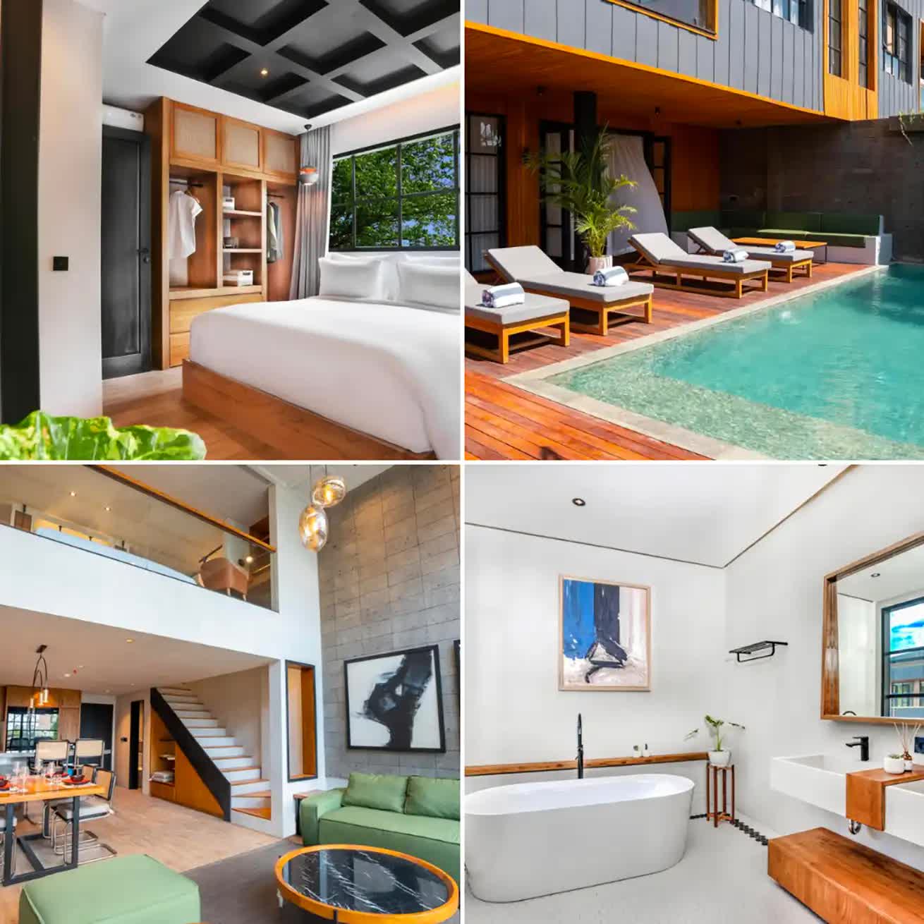 Interior of a bedroom, bathroom and living room with access to the pool in Secana Beachtown