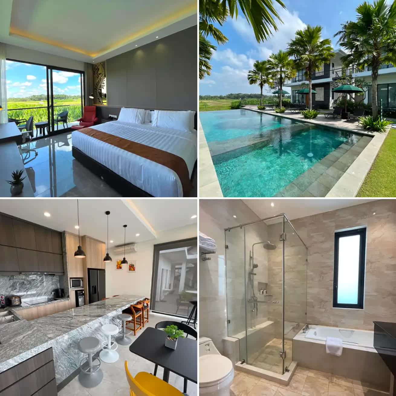 Luxury bedroom, private bathroom, dininig room and the pool outside at The Valerian Villa Ubud