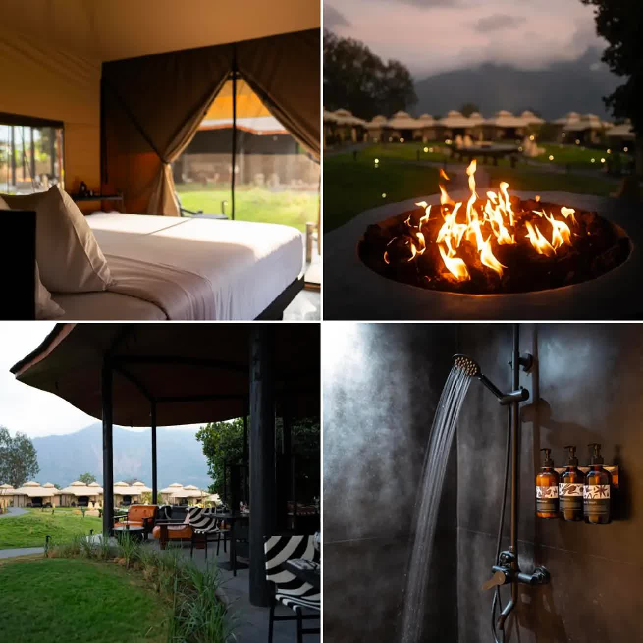Bedroom, shower, view of the courtyard and fire in the hotel Toteme Glamping Kintamani