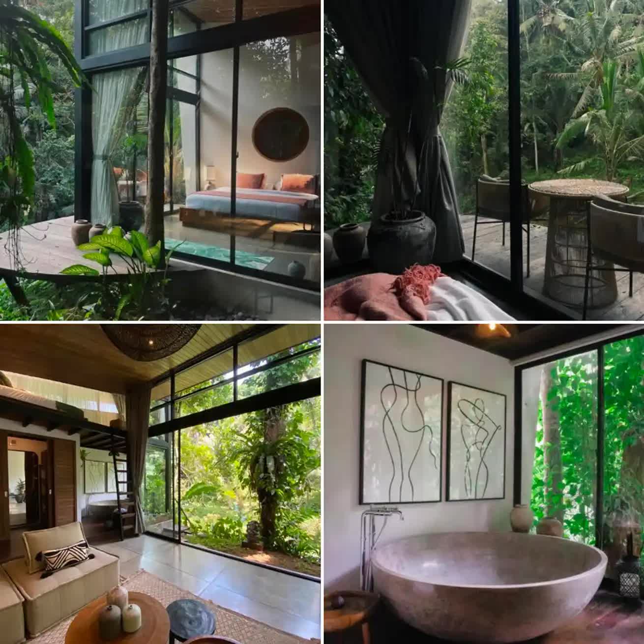 Bedroom, living room and minimalistic bathtub in Balinese style in Ubud Zen River House
