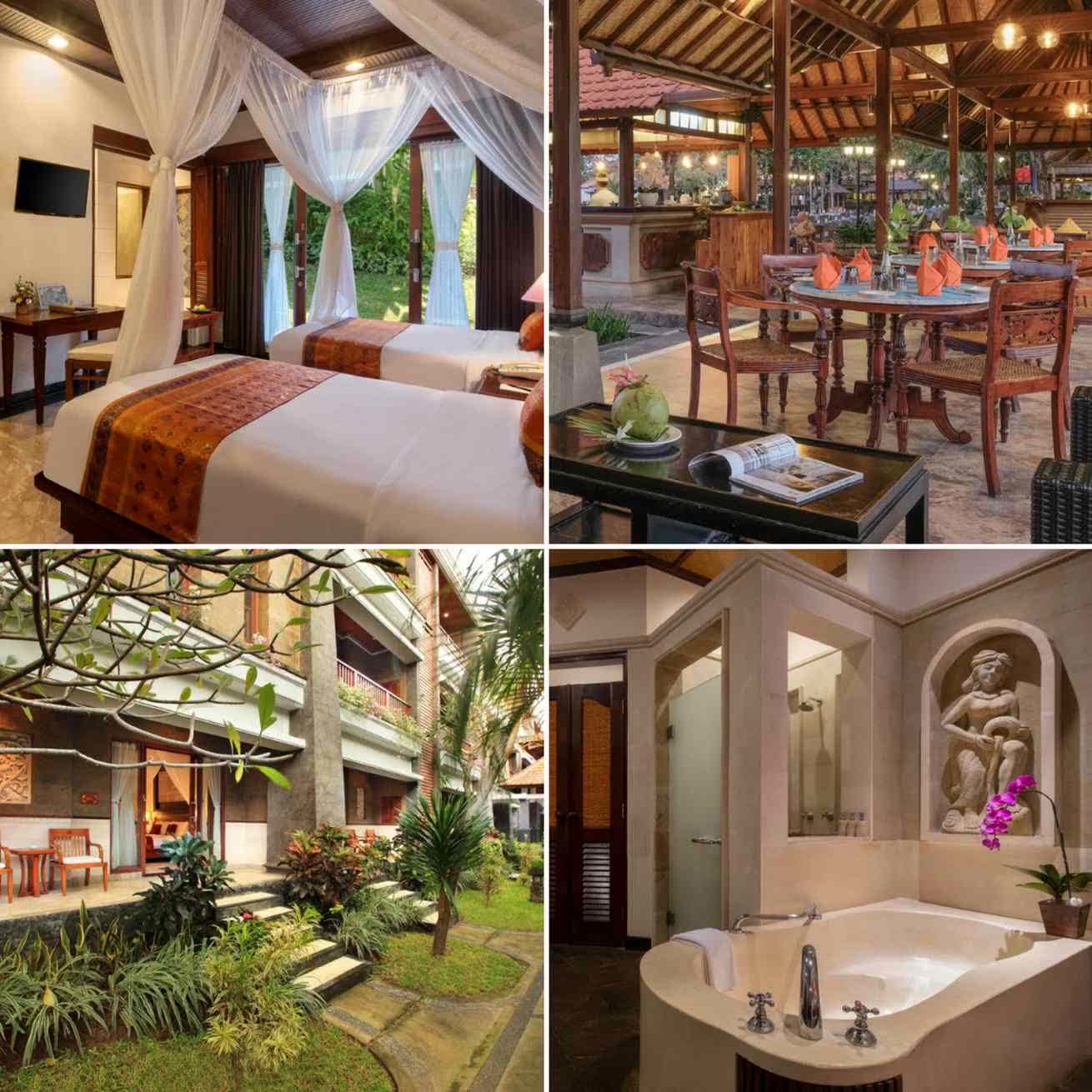 The interior of the Bali Tropic Resort and Spa and its view of the terrace and dining room