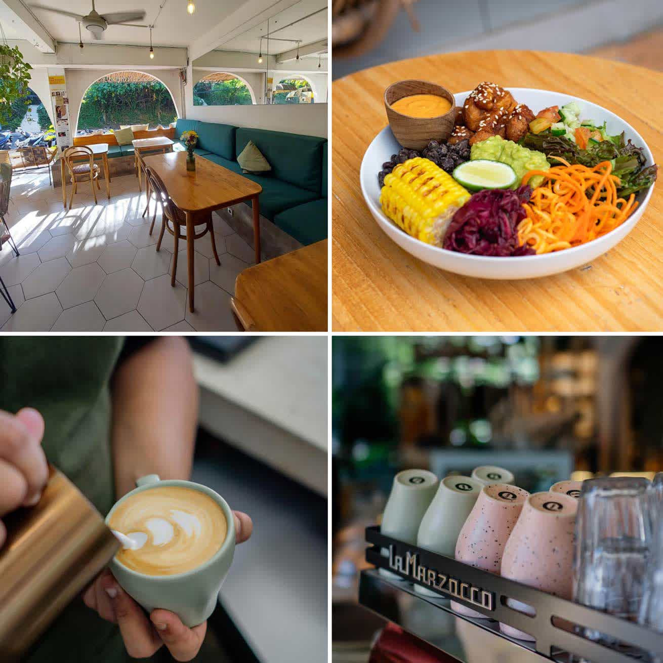 Tasty dishes, drinks and interior at Dharma café in Ubud